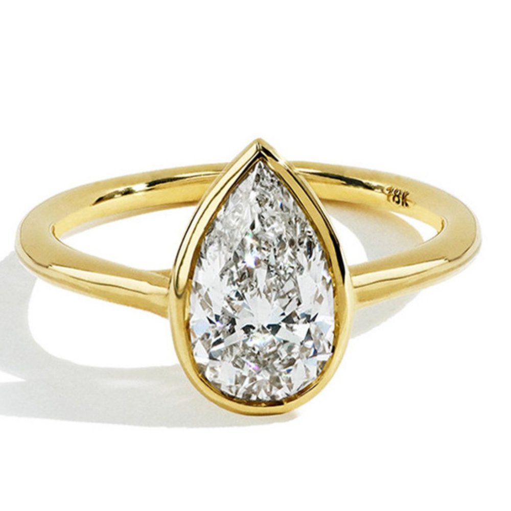 2CT Bezel Set Pear Shaped Moissanite Solitaire Engagement Ring